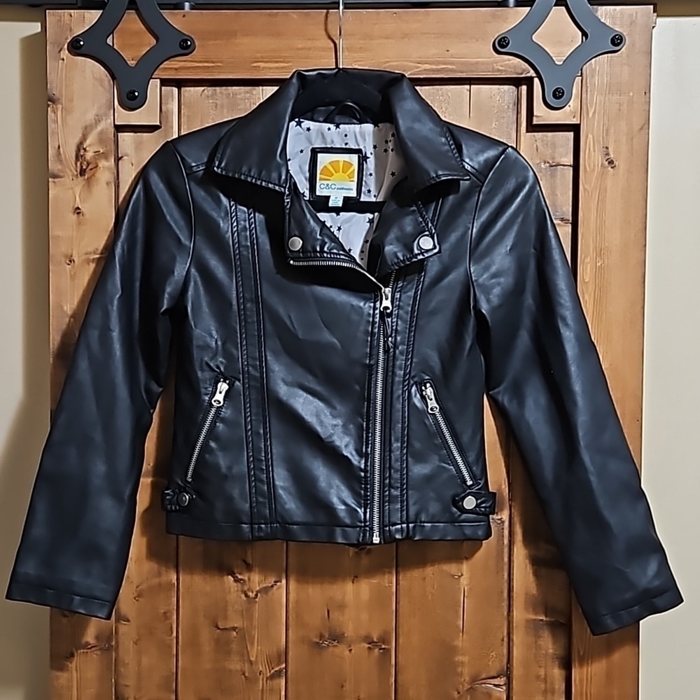 C&C California Faux Leather Black Moto Kids Jacket Size 10
